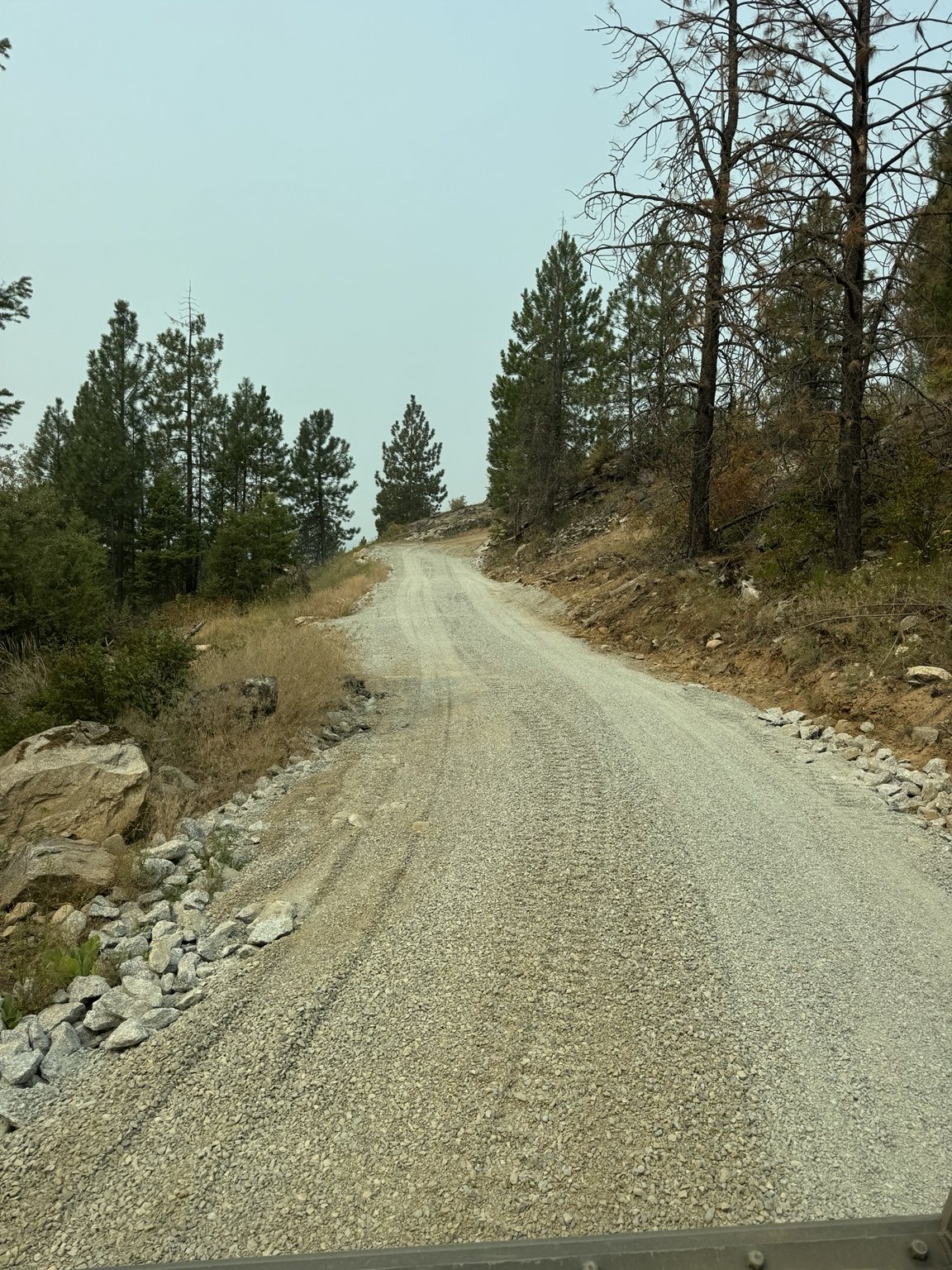 Finished gravel access road winding through North Idaho forest